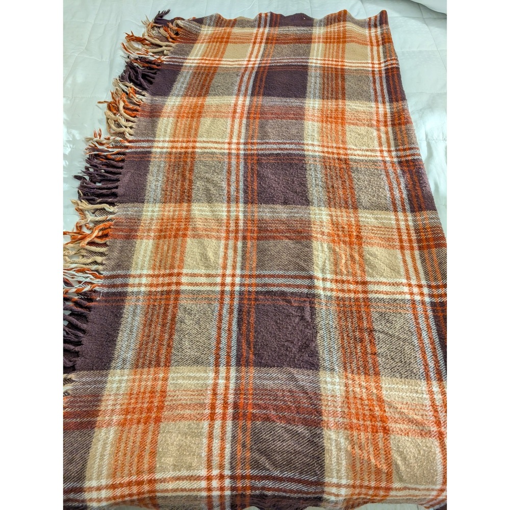 Faribo Plaid Tartan Throw Blanket Fringe Brown Acrylic Made in USA Vintage